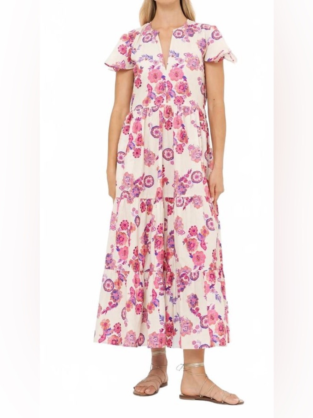 Oliphant Cream Maxi Dress with Pink & Purple Floral Print Small